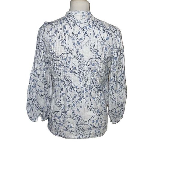 120% Lino Etched Indigo Floral Print Poet Style Top Pintucked sz IT 38, US 2 - Picture 3 of 9